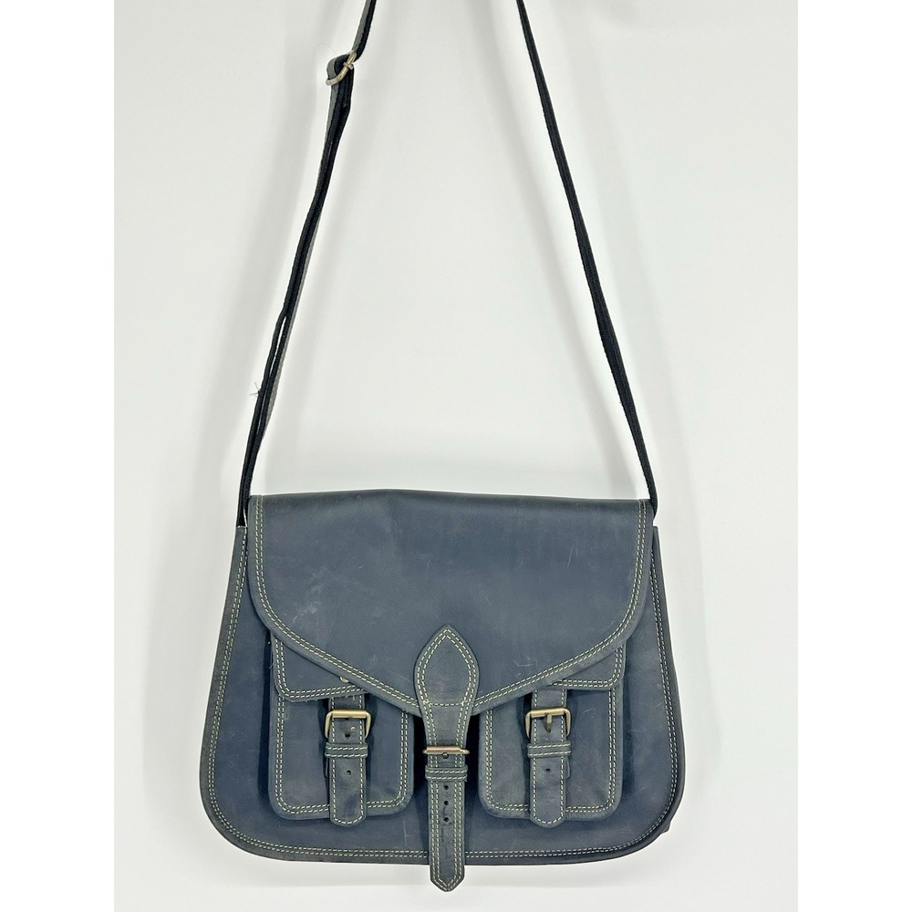 Komal's Passion Leather 14" Black Crossbody Satchel Shoulder Bag Travel Artisan
